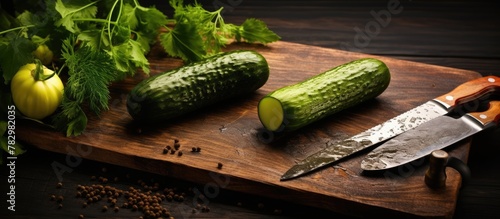 Knife and cucumber on cutti...