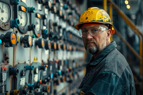 A engineer wearing a hard hat and glasses is inspecting a large wall covered in various clocks at a nuclear power plant. He appears focused and serious as he checks the timepieces