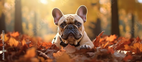 French bulldog resting among autumn leaves photo