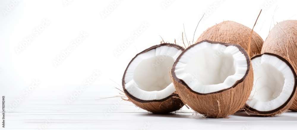 Three halved coconuts on white surface Three halved coconuts on white surface
