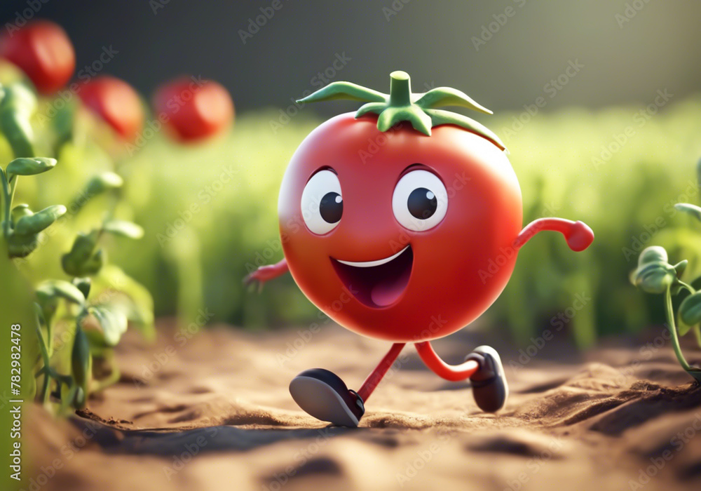 Happy cartoon of fresh tomato running in a field with a big smile. AI generated