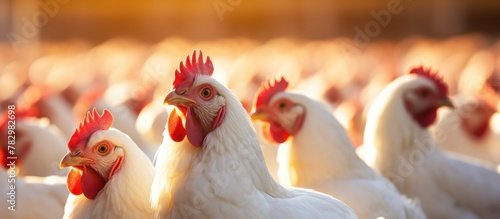 Group of giraffes surrounded by white chickens in field photo