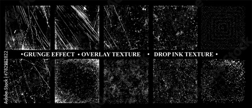 Variety of Grunge Textures Set in Monochrome. Set of four distinct black and white grunge textures, ranging from lightly speckled to heavily scratched. Overlays stamp texture with effect grunge. © ZinetroN