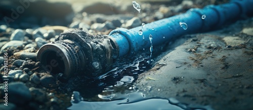 Blue pipe on rugged shore