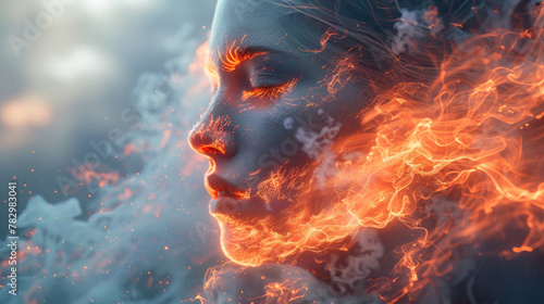 The woman face was covered in white smoke and burning flames. © pengedarseni
