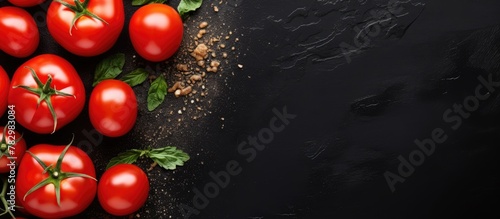 Ripe tomatoes on dark surface