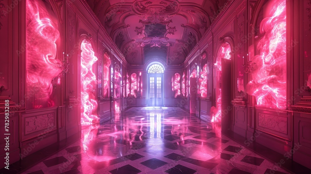 Hallway Engulfed in Pink Luminous Flames