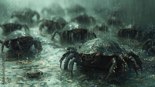 Hordes of tortoise shell crabs walking in the rain.