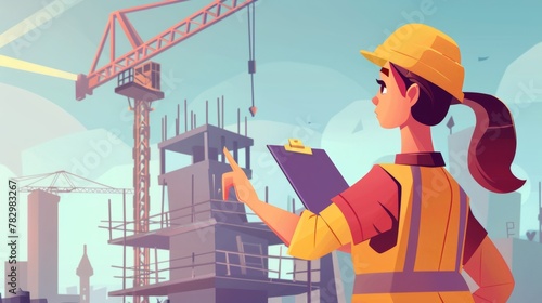 An illustration of a female civil engineer holding a clipboard and pointing at the construction tower crane in the background. She is standing at a construction site while holding a clipboard.
