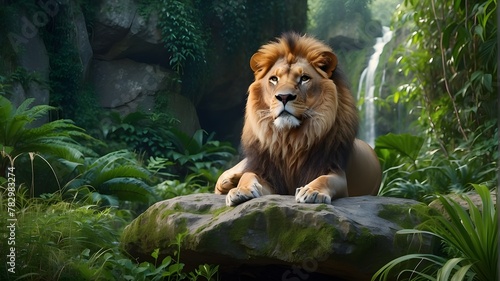 The image of a majestic lion sitting on a rock surrounded by verdant plants was produced using generative artificial intelligence  AI  technology.