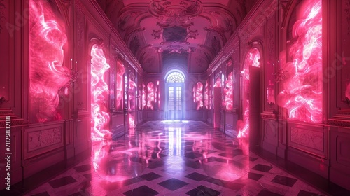 Hallway Engulfed in Pink Luminous Flames