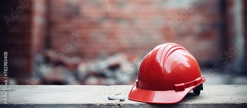 Red hard hat on a cement ledge