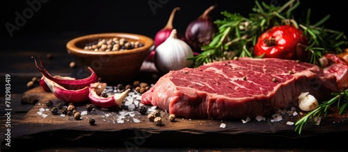 Raw steak on cutting board with herbs and spices