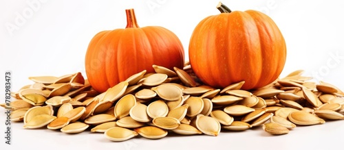 Pumpkins and seeds on a whi...