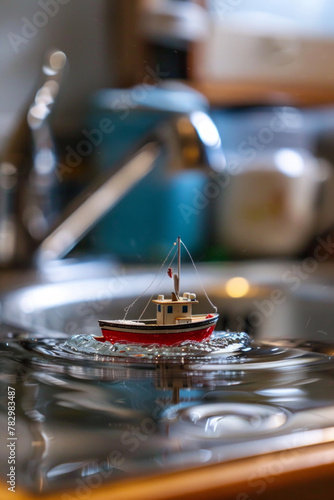 A miniature boat sailing on the water in a sink