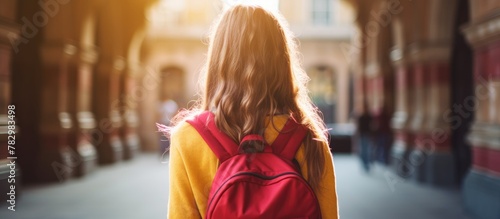 Woman hiking with a backpack on a city street