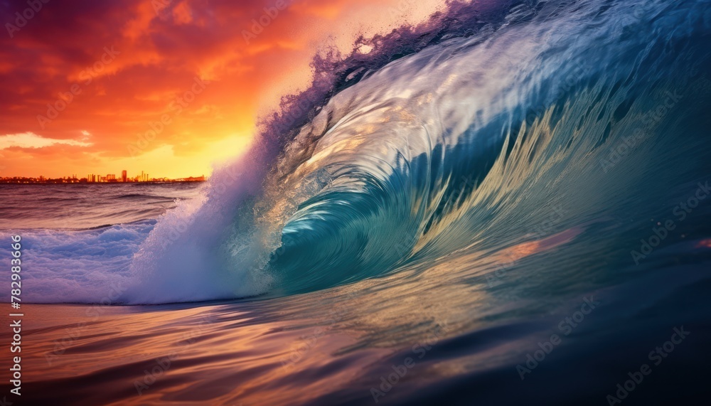 Beautiful sunset reflection on the wave. Powerful storm surge before gurgling and foaming, ocean wave panoramic background Beautiful sunset reflection on the wave. Powerful storm surge before gurgling and foaming, ocean wave panoramic background