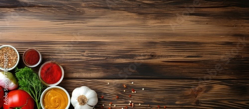 Wooden table spices vegetables