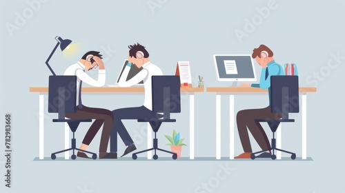 Illustrations of business people with headaches while working at their desks in the office. Flat style illustrations of employees with headaches in the office.