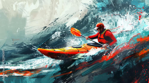 Kayaker, paddle helmets, rough waves, race, blue, yellow red colours. Elite water sport, Olympics photo