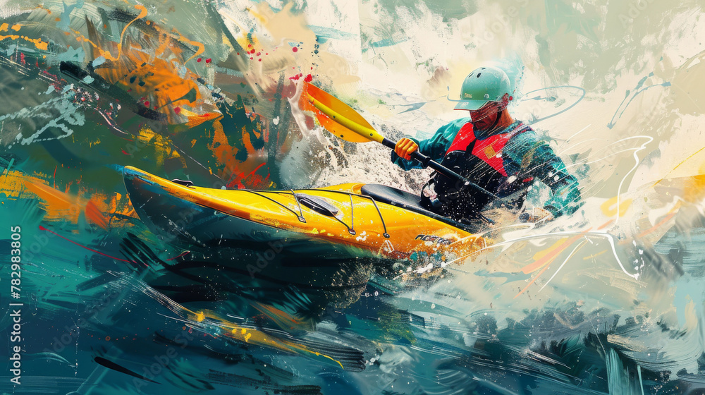 Kayaker, paddle helmets, rough waves, race, blue, yellow red colours. Elite water sport, Olympics