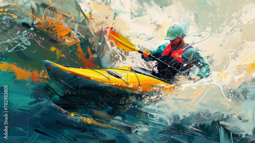 Kayaker, paddle helmets, rough waves, race, blue, yellow red colours. Elite water sport, Olympics © David