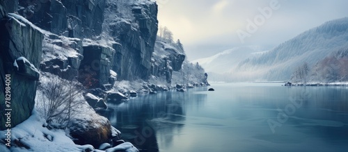 Snowy mountain river cliff