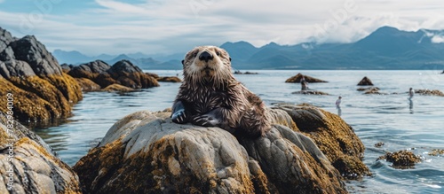 Sea otter perched on rocky island shore photo