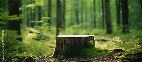 Green tree stump in forest