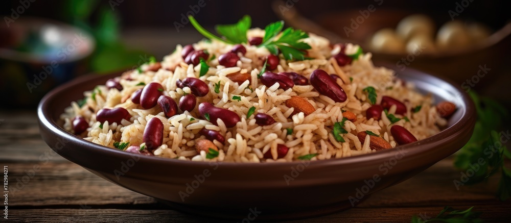 Rice and beans bowl with fresh parsley Rice and beans bowl with fresh parsley
