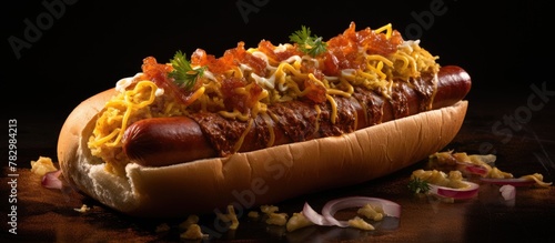 Hot dog with toppings on a bun