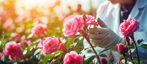 Person in Lab Coat and Gloves Harvesting Flowers photo