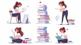 Flat illustration of angry, frustrated women cartoon characters with stacks of documents. The worker is stressed and worried with lots of work and feeling stressed and frustrated.
