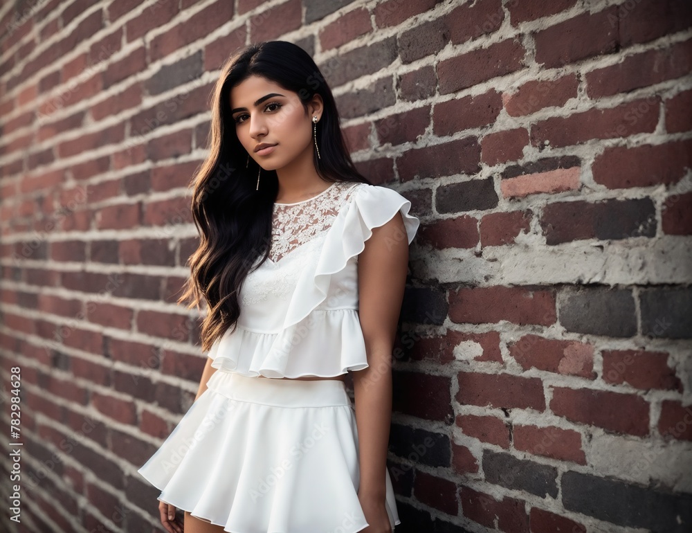 Woman in White Dress Leaning Against Brick Wall