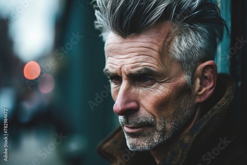 Portrait of a senior man with grey hair in the city.