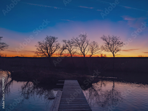 pier and trees on sunset time