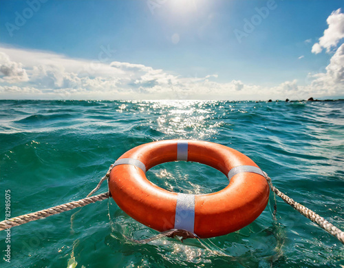 a lifebuoy floats on the surface of a stormy sea, the concept is the last hope for saving a life