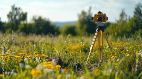 Pristine Meadow Landscape with Survey Equipment Capturing Contours and Boundaries for Future Development