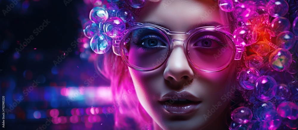 Neon Dreams: Stylish Girl in Spectacles with Neon Ambiance Neon Dreams: Stylish Girl in Spectacles with Neon Ambiance