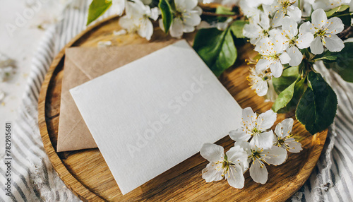 Blank greeting card mockup, craft envelope. Feminine styled photo. Floral scene. Blurred white cherry tree blossoms on wooden tray. Yellow striped linen cushion. Front