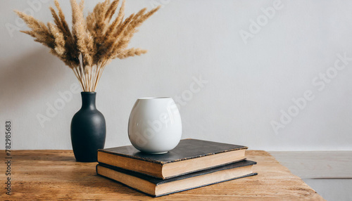 Blank business card mockup on old books. Modern round ceramic vase with dry bunny tails, Lagurus ovatus grass on wooden table, bench.. White wall background. Scandinavian interior, home office.