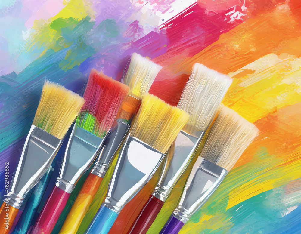Fototapeta premium bright multicolored creative background, a group of brushes with paint on the background of a multicolored spectrum canvas, the idea of creativity banner, team
