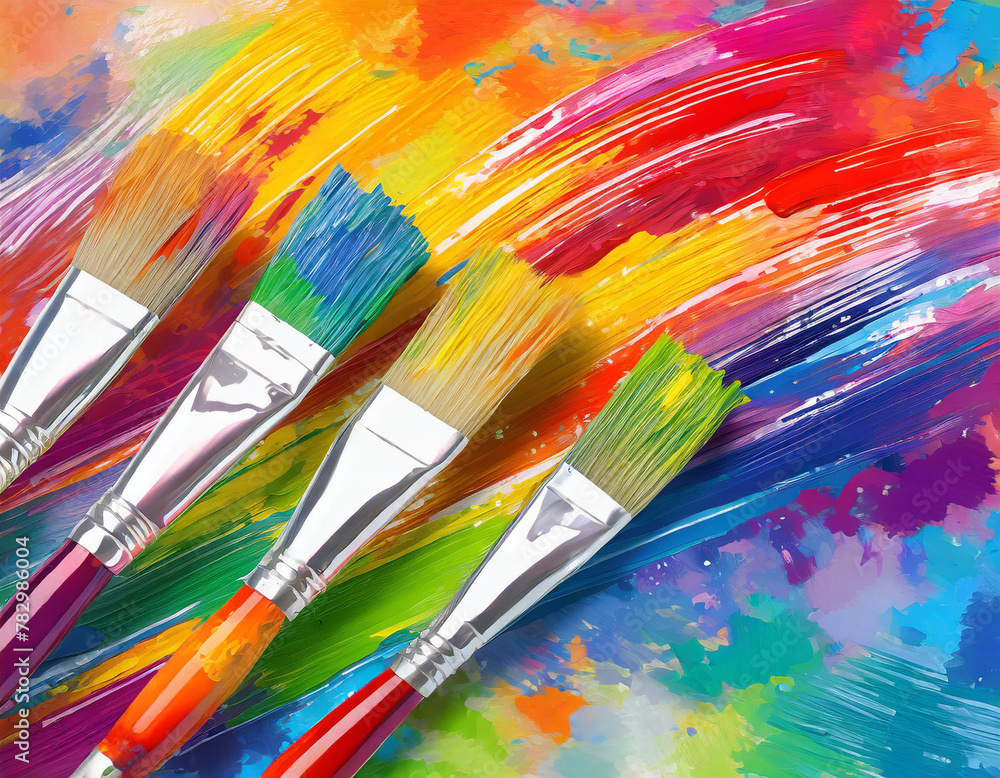 Obraz premium bright multicolored creative background, a group of brushes with paint on the background of a multicolored spectrum canvas, the idea of creativity banner, team