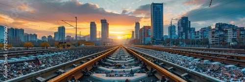 The Bustling Metropolis A Panoramic View of Urban Infrastructure Transforming a Thriving City Skyline at Sunset photo