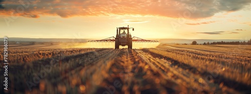 Trattore per l'irrigazione che guida l'irrorazione o la raccolta di un raccolto agricolo al tramonto con dati infografici informativi come design di banner per l'industria agricola e la produzione di  photo