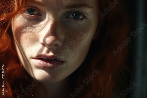 Mystic Gaze: Red-Haired Girl with Freckles Portrait, blue eyes.