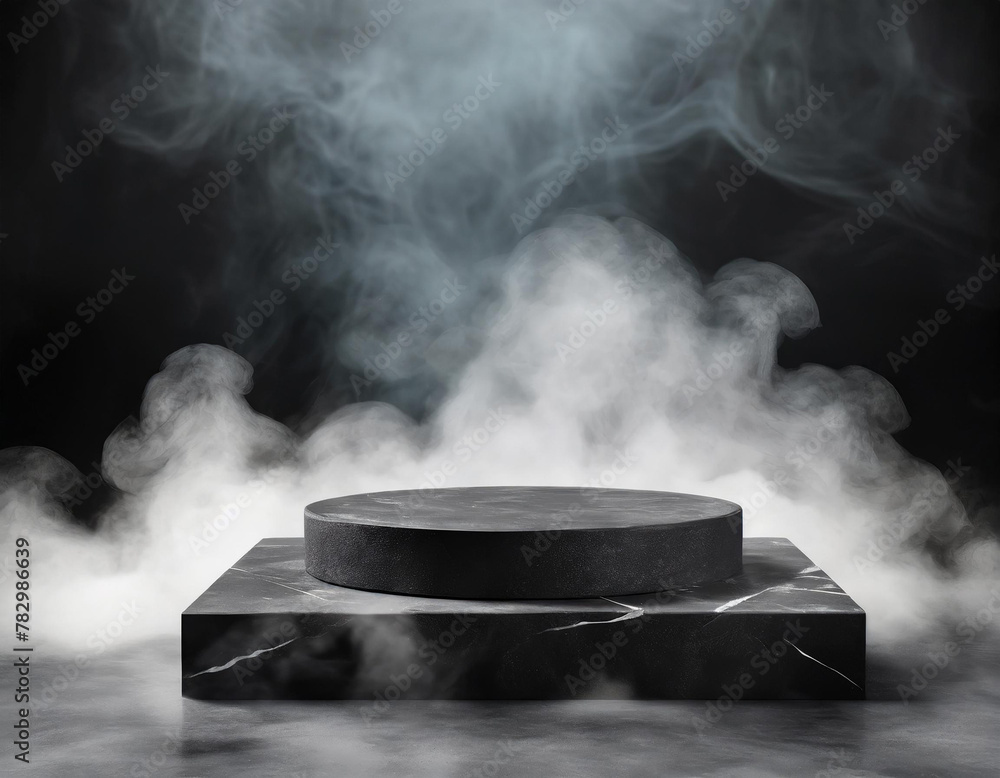 Empty black stone platform podium stand for advertising on black background with white steam smoke around. Mockup. Front view