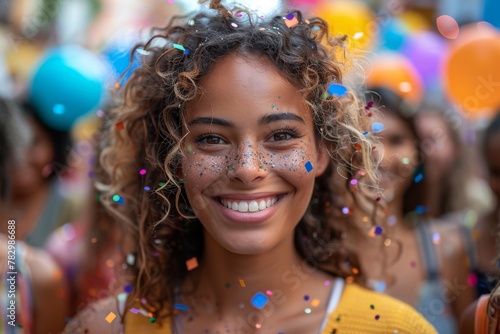 A happy young woman with curly hair smiling at the camera, with confetti and balloons in the background