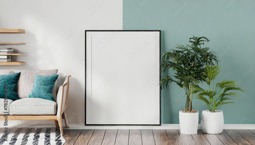 Frame mockup, ISO A paper size. Living room wall poster mockup. Interior mockup with house background. Modern interior design. 3D render Frame mockup, ISO A paper size. Living room wall poster mockup. Interior mockup with house background. Modern interior design. 3D render