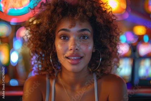 Portrait of a curly-haired woman with a gentle smile, neon arcade lights softly glowing in the background